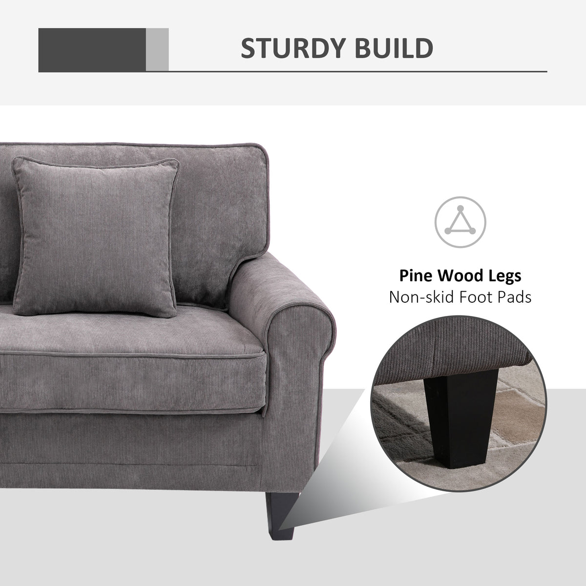 Modern 3 Seater Sofa, Corduroy Fabric 3 Seater Couch with Pine Wood Legs and Rolled Armrests for Living – view 18