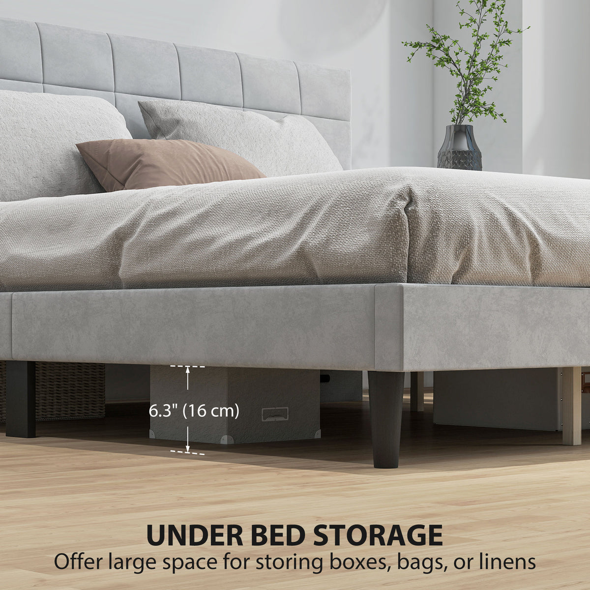 Queen Size Bed Frame with Upholstered Headboard, Modern Platform Bed Frame with Wood Slats, 1100 lbs Capacity, Cream