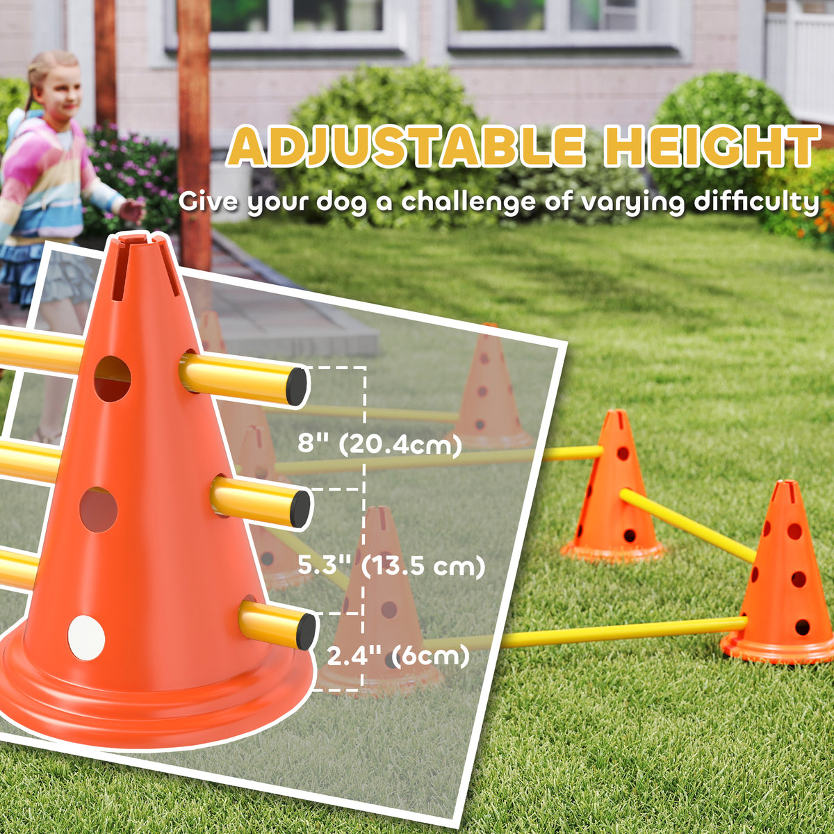 Dog Agility Hurdle Cone Set, Adjustable Obstacle Course Equipment with 8 Cones & 8 Poles, Carry Bag, Orange