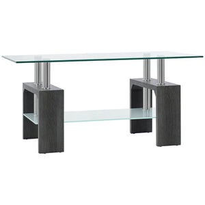 Rectangle Glass Coffee Table, 2-Tier Center Table with Tempered Glass Top and Storage Shelf for Living Room, Grey
