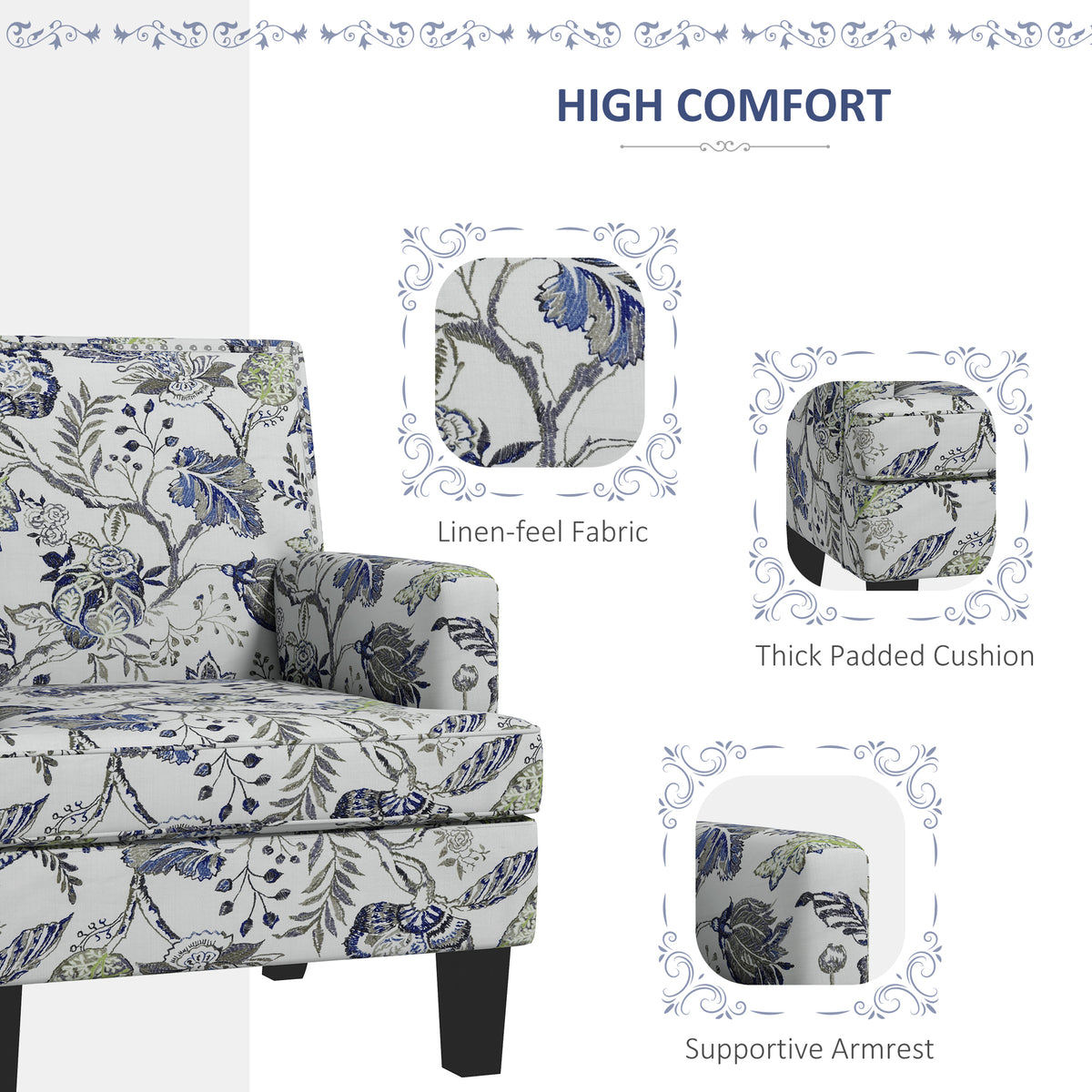 Upholstered Armchair, Mid-Century Accent Chair with Floral Pattern, Nailhead Trim for Living Room, Bedroom, Multicolour