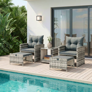 5 Piece Patio Furniture Set, Wicker Patio Chairs with Ottomans, 2-Tier Glass Coffee Table and Cushions – view 7