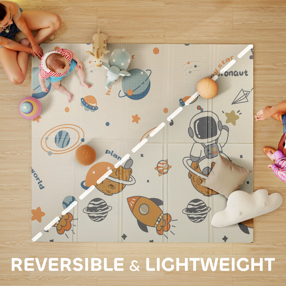 Qaba Foldable Baby Plat Mat, 77" x 69" Kids Floor Mat for Crawling and Learning, Astronaut & Planet Theme