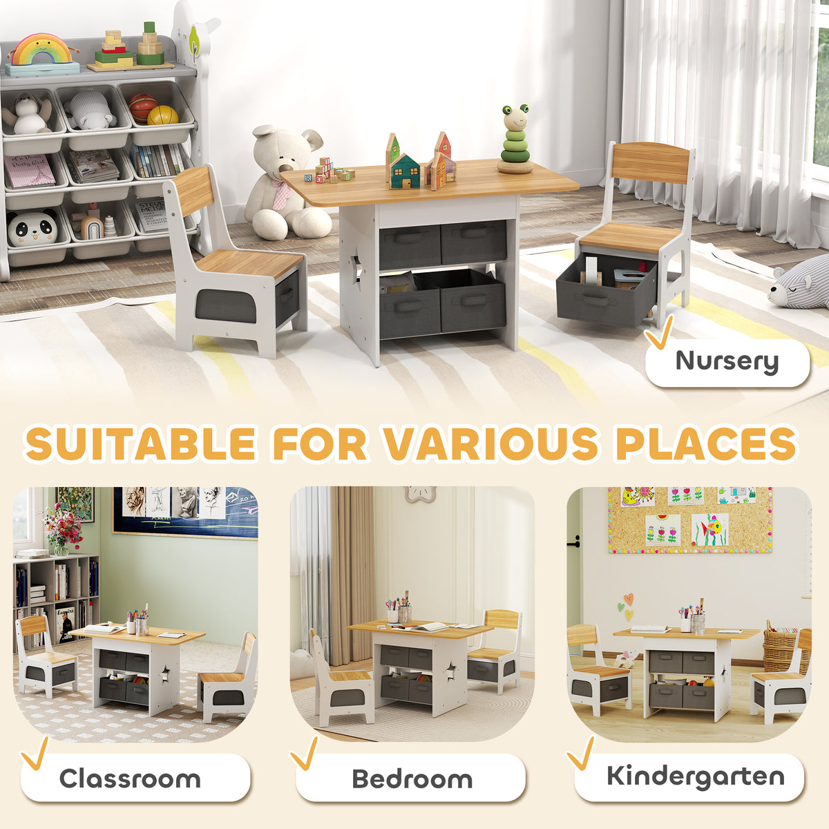 Qaba 3 Piece Kids Table and Chair Set with 6 Removable Drawers, for Classroom, Living Room, Bedroom, Nursery