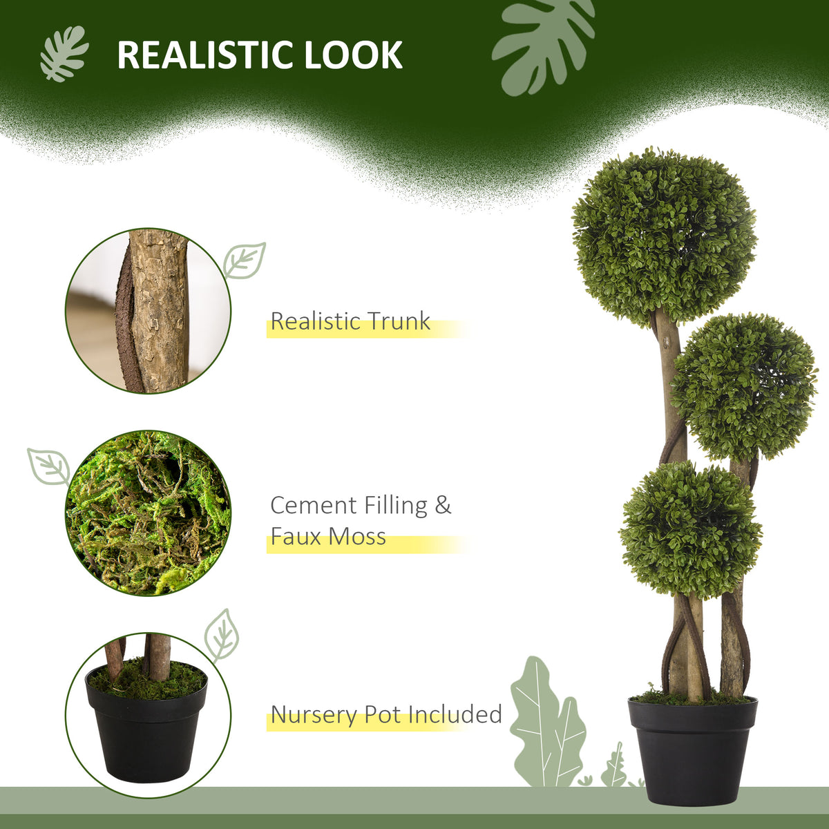 35 Inch Potted Fake Plant, Artificial Boxwood Topiary Tree, Triple Ball Tree for Indoor and Outdoor, Green
