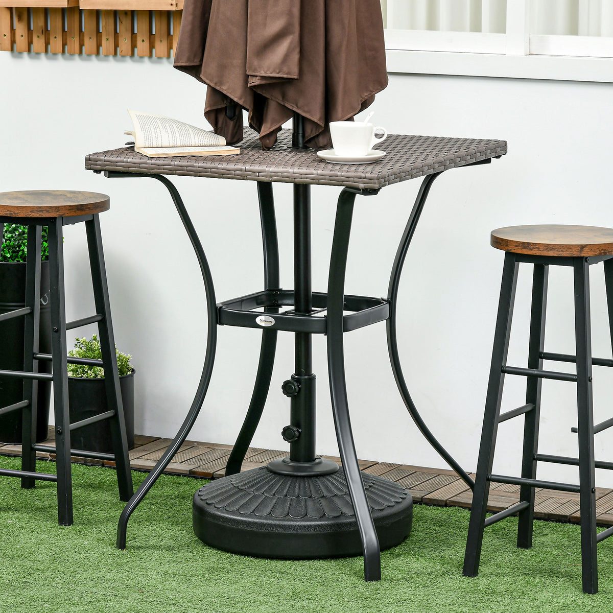 Patio Wicker Dining Table with Umbrella Hole, 34 Inch Outdoor PE Rattan Coffee Table with Plastic Board Under the Woven Table Top for Patio, Garden, Balcony, Light Grey