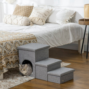 Dog Ramp with Storage Boxes and Condo, 3-step Pet Stairs for High Beds and Couch with Washable Plush Cushion