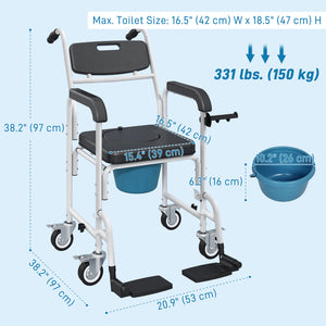 Rolling Shower Chair, Bedside Commode Chair with Wheels, Backrest, Arms, Flip Footrests for Seniors, Disabled, Black