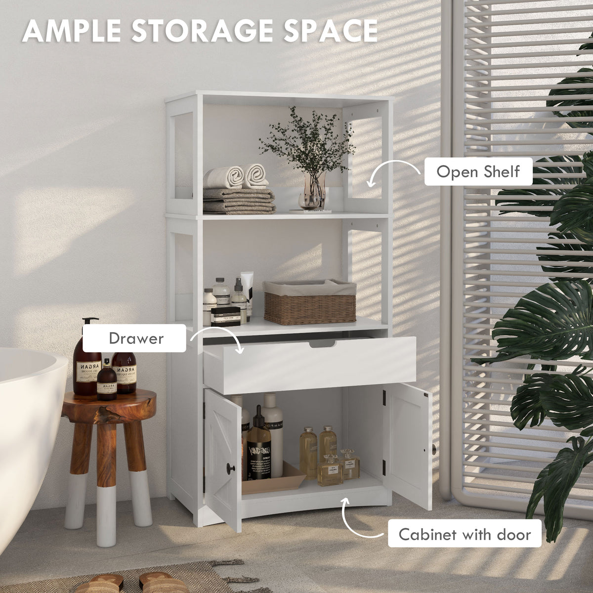 Farmhouse Bathroom Storage Cabinet, Linen Cabinet with Drawer and Shelves, 23.5" x 13" x 48.5", White