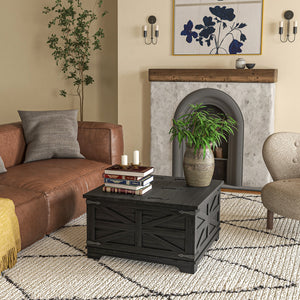 Farmhouse Coffee Table, Square Center Table with Flip-top Lids, Hidden Storage Compartment, Black – view 6