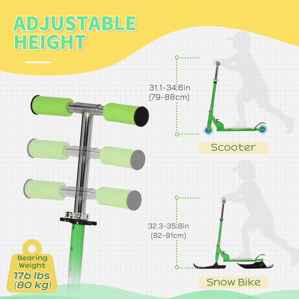 Qaba Snow Scooter, 2 in 1 Design Adjustable Height Scooter Snow Sled for Kids Aged Over 7 Years Old, Foldable Kids Sled Ski Scooter with Wheels Blades