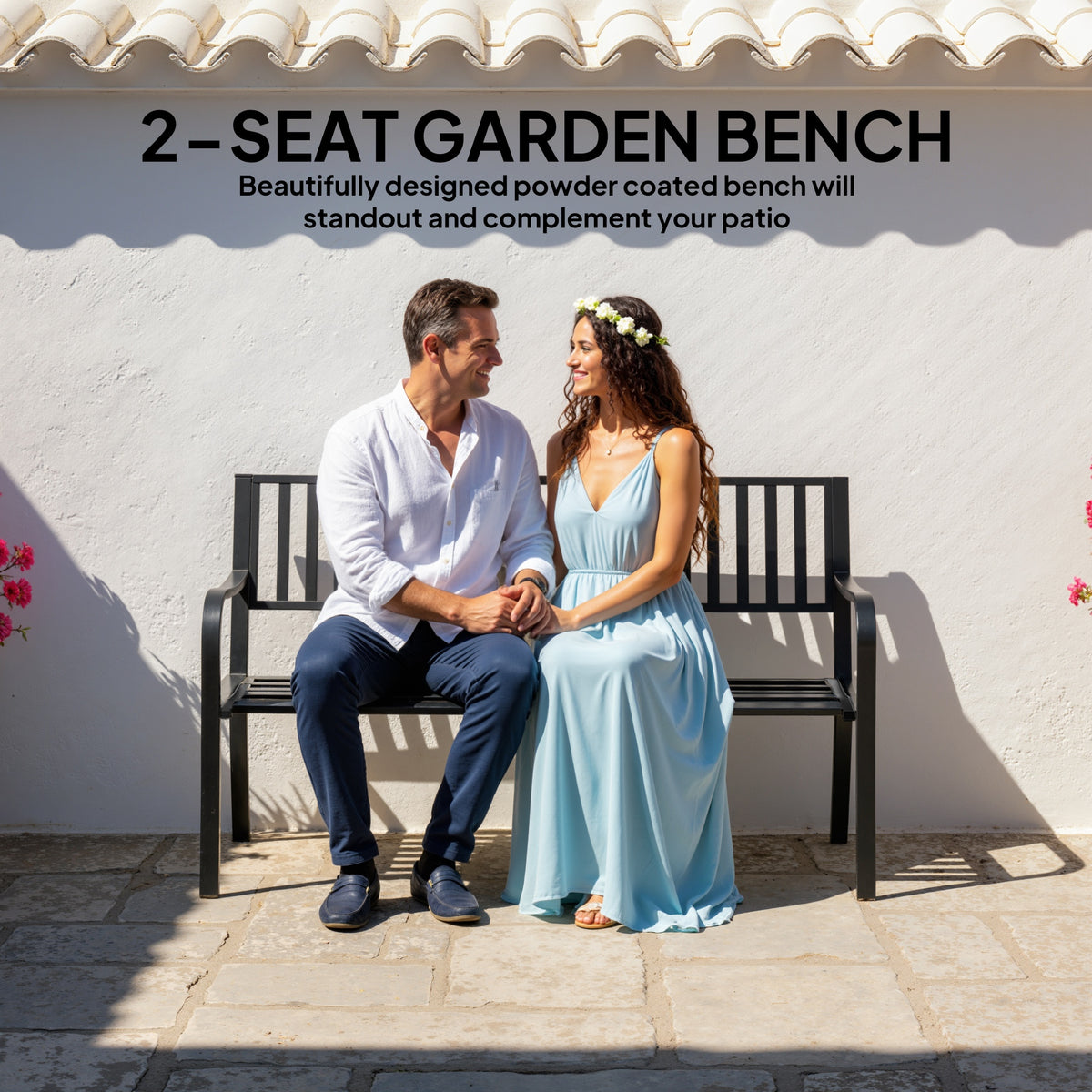 50" Steel Garden Bench Patio Metal Backyard Park Chair Outdoor Seat Furniture, Black