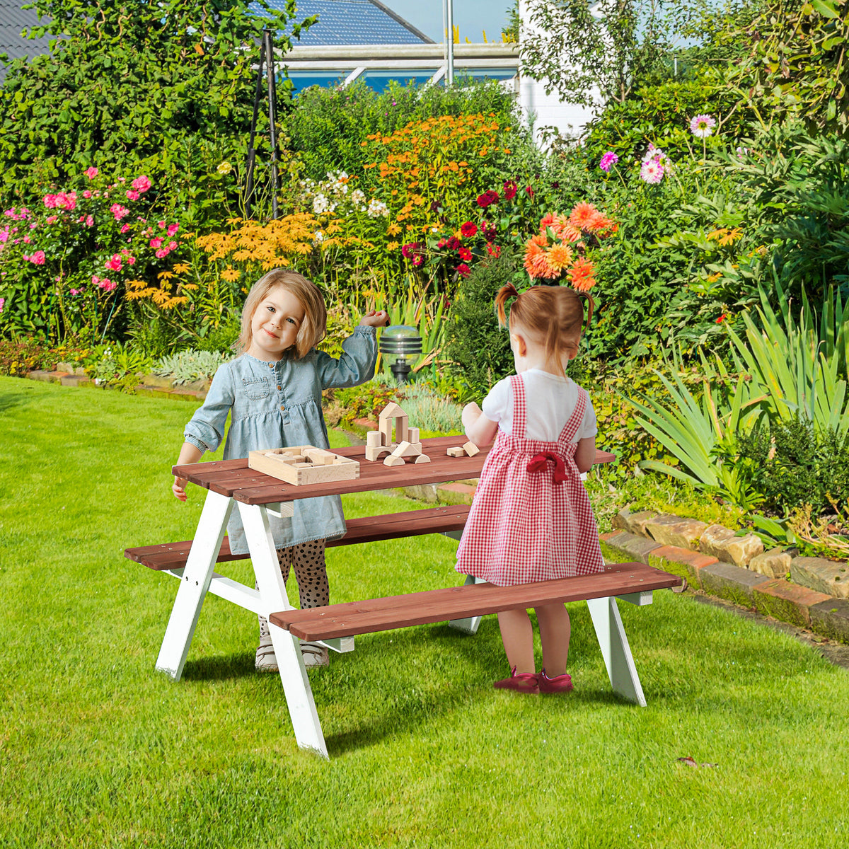 Kids Outdoor Table Set Wooden Toddler Picnic Table and Benches for 4 Kids 3-8 Years, Easy Installation, Natural Wood