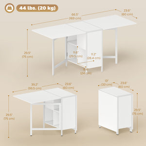 Multi-use Foldable Table with Hideaway Shelves, Drop Leaf Table for Kitchen, Dining, Study and Office, White