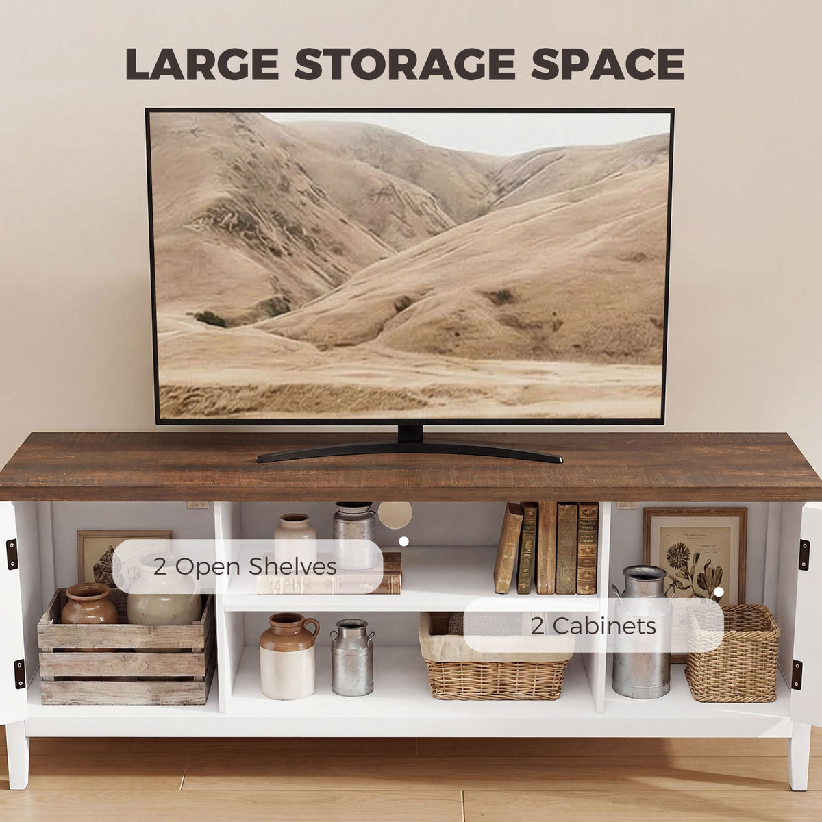 TV Stand for TVs up to 55 Inch, Entertainment Center with 2 Open Shelves, 2 Cabinets, Thick Top, White and Brown
