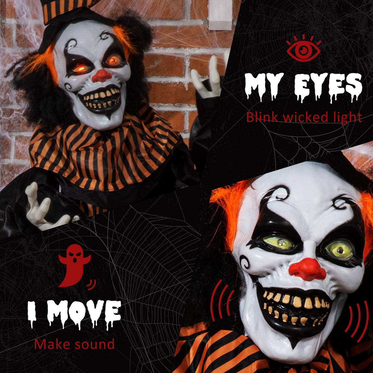 5.6' Life Size Clown Outdoor Halloween Decoration Animatronic, Animated Prop w/ Light Up Eyes