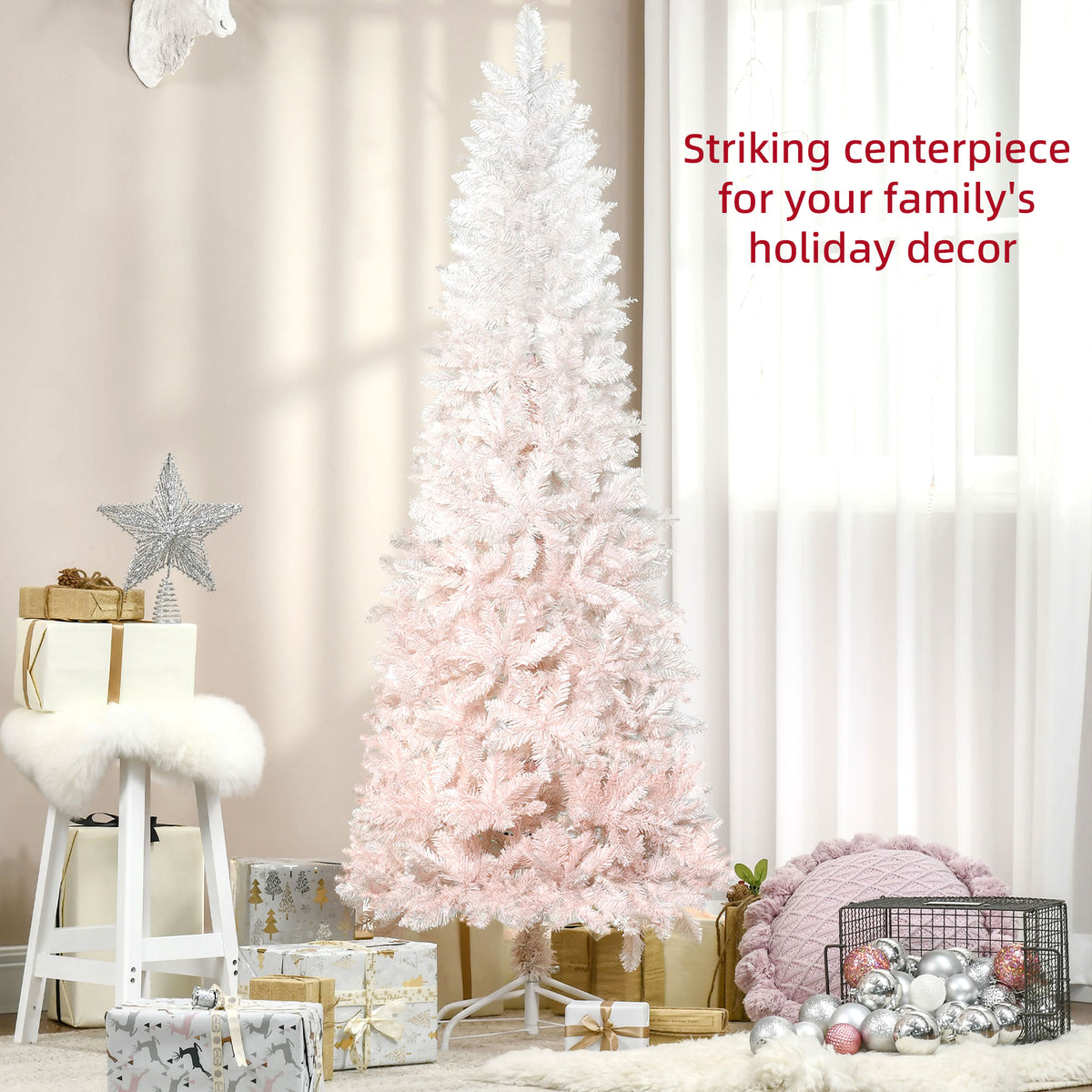 6ft Pencil Artificial Christmas Tree with Pine Realistic Branches, Auto Open, Pink and White