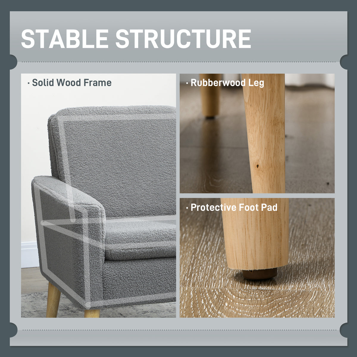 Fabric Accent Chair, Modern Upholstered Armchair with Wood Legs and Wide Padded Seat, Grey