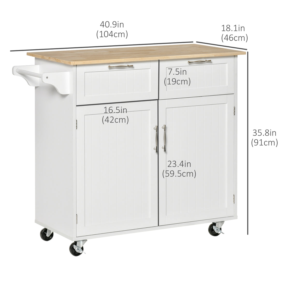 Rolling Kitchen Island with Storage Drawers, Kitchen Cart with Rubber Wood Top, Cabinet & Towel Rack, White – view 4