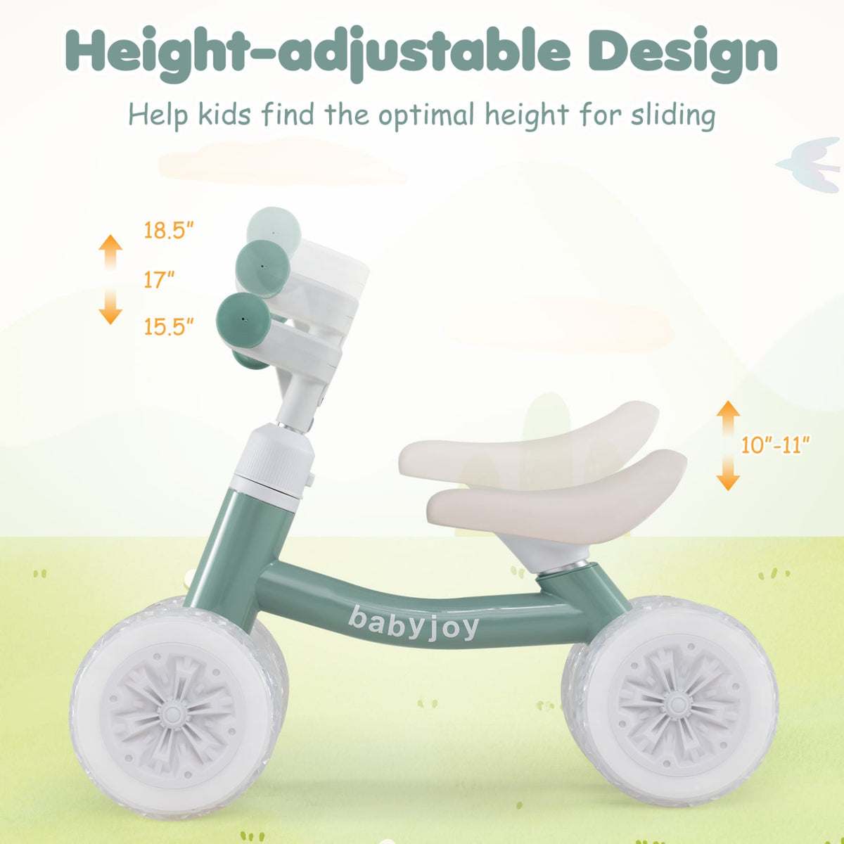 Baby Balance Bike with Adjustable Handlebar and Seat with Lighting Wheels-Green view 6