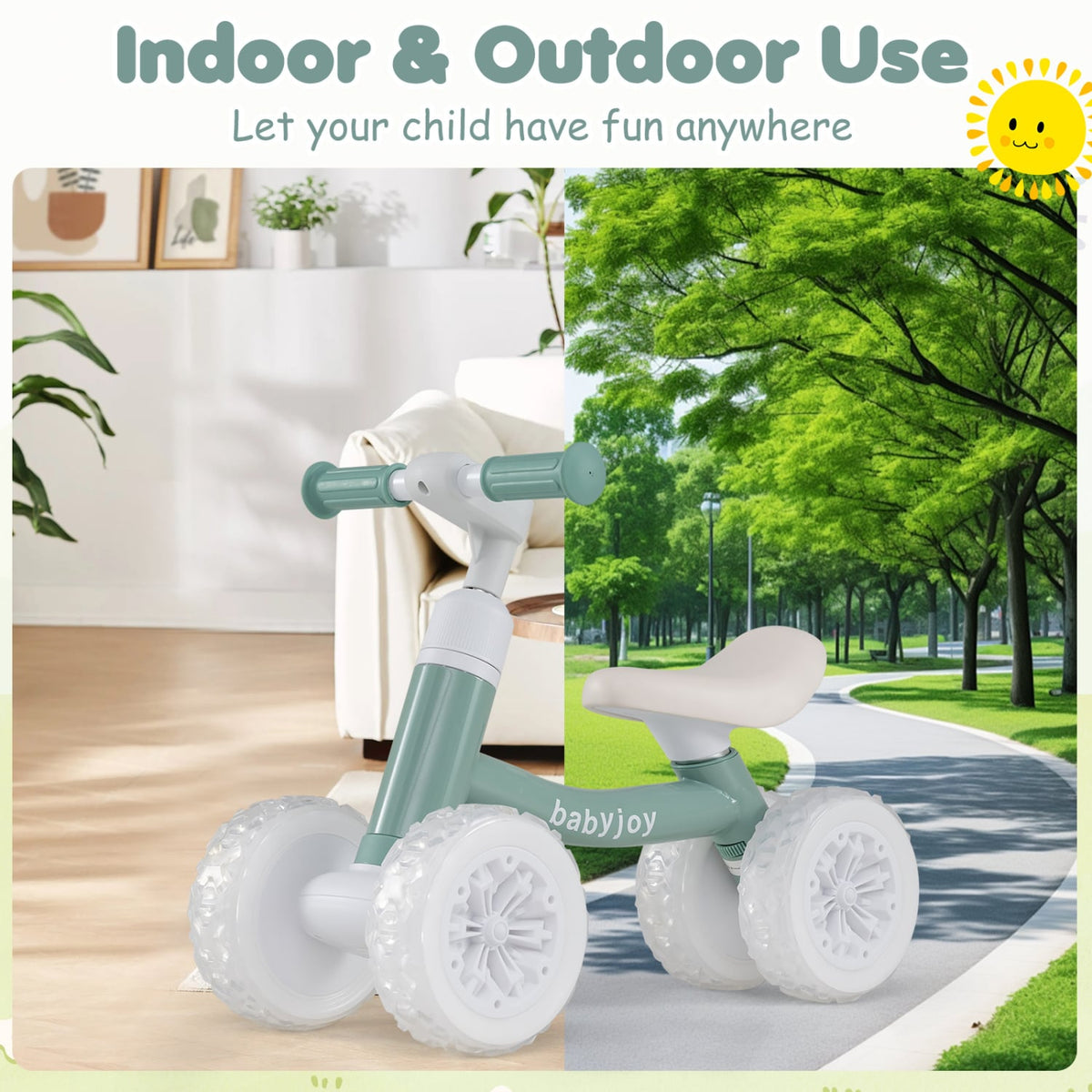 Baby Balance Bike with Adjustable Handlebar and Seat with Lighting Wheels-Green view 9