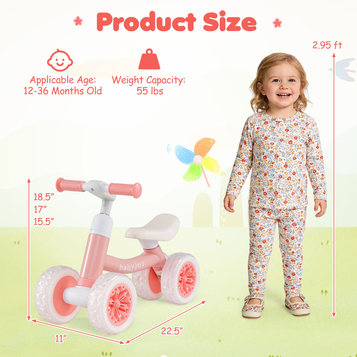 Baby Balance Bike with Adjustable Handlebar and Seat with Lighting Wheels-Pink view 5