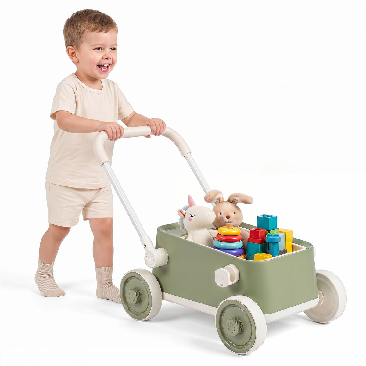 Baby Push Walker with Wheels and Foldable Handlebar and Storage Basket-Green view 4