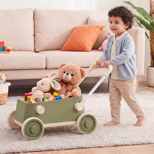 Baby Push Walker with Wheels and Foldable Handlebar and Storage Basket-Green view 2
