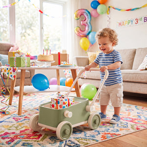 Baby Push Walker with Wheels and Foldable Handlebar and Storage Basket-Green view 3