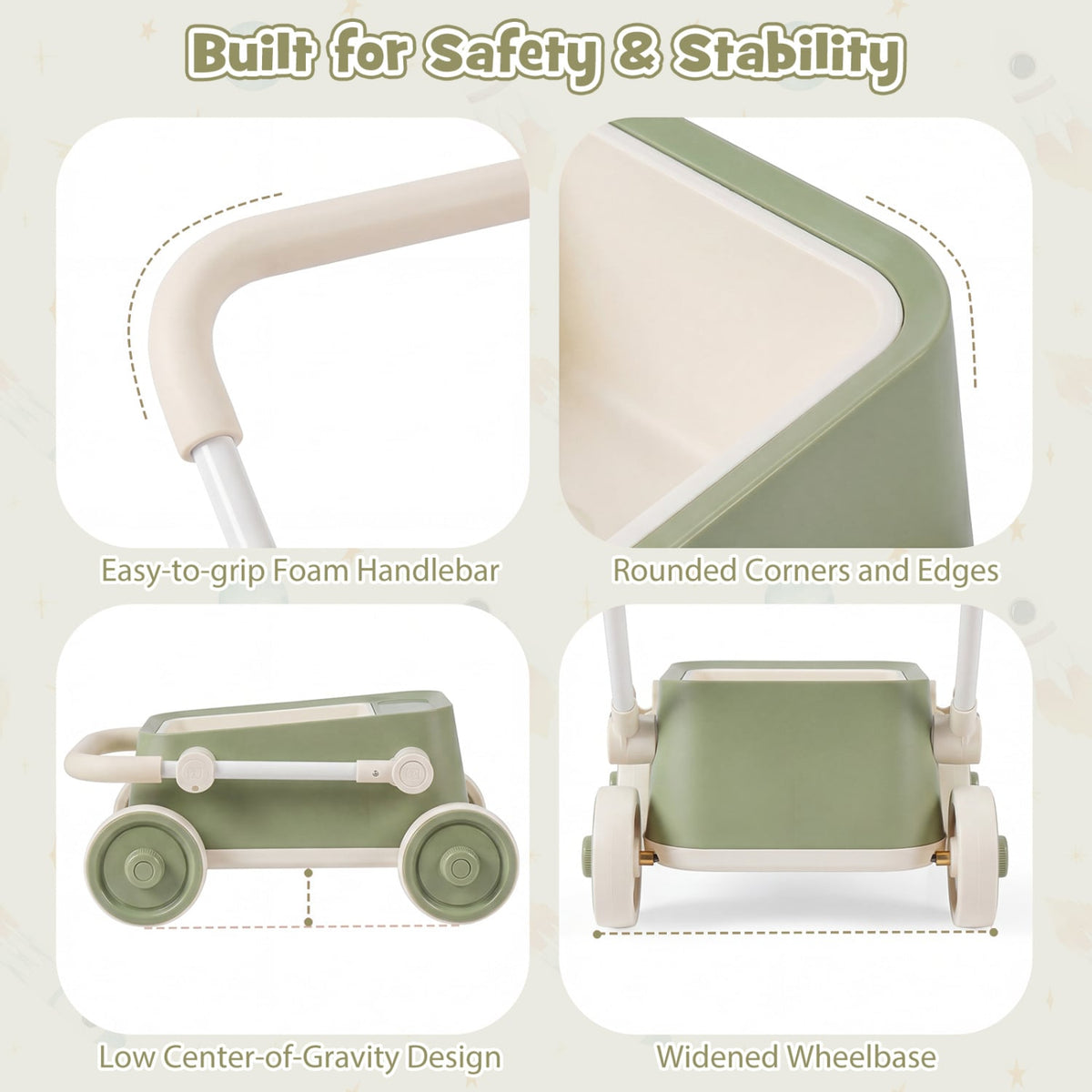 Baby Push Walker with Wheels and Foldable Handlebar and Storage Basket-Green view 9