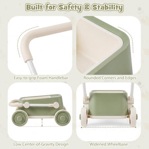 Baby Push Walker with Wheels and Foldable Handlebar and Storage Basket-Green view 9