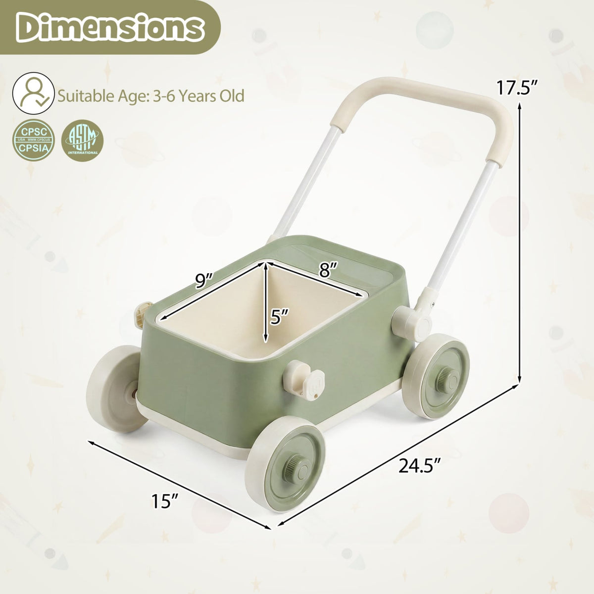 Baby Push Walker with Wheels and Foldable Handlebar and Storage Basket-Green view 5