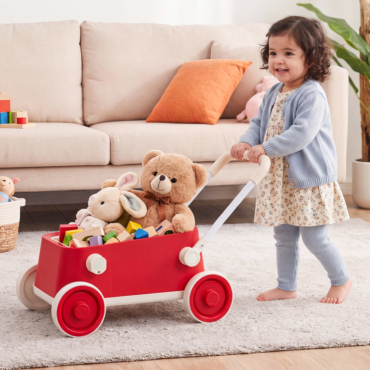 Baby Push Walker with Wheels and Foldable Handlebar and Storage Basket-Red view 2
