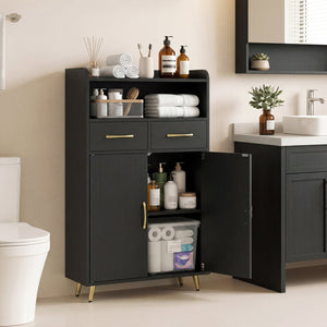 Bathroom Storage Cabinet Freestanding Floor Cabinet with 2 Drawers and 2 Doors-Black view 2