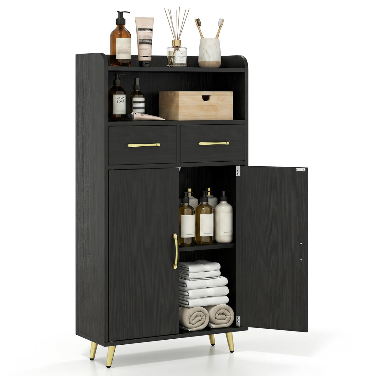 Bathroom Storage Cabinet Freestanding Floor Cabinet with 2 Drawers and 2 Doors-Black view 4
