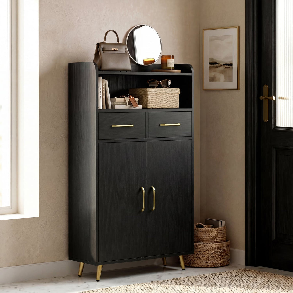 Bathroom Storage Cabinet Freestanding Floor Cabinet with 2 Drawers and 2 Doors-Black view 6