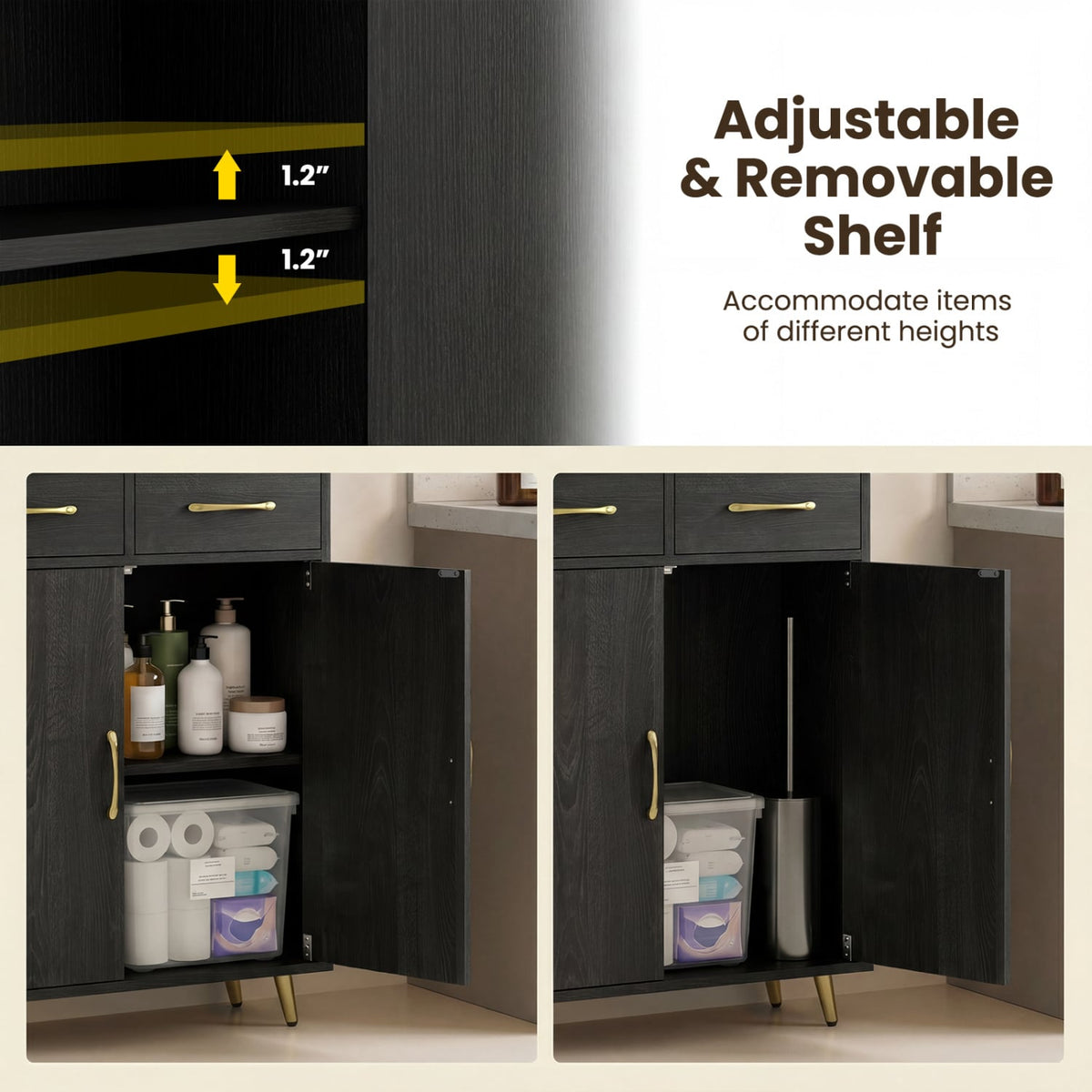 Bathroom Storage Cabinet Freestanding Floor Cabinet with 2 Drawers and 2 Doors-Black view 9