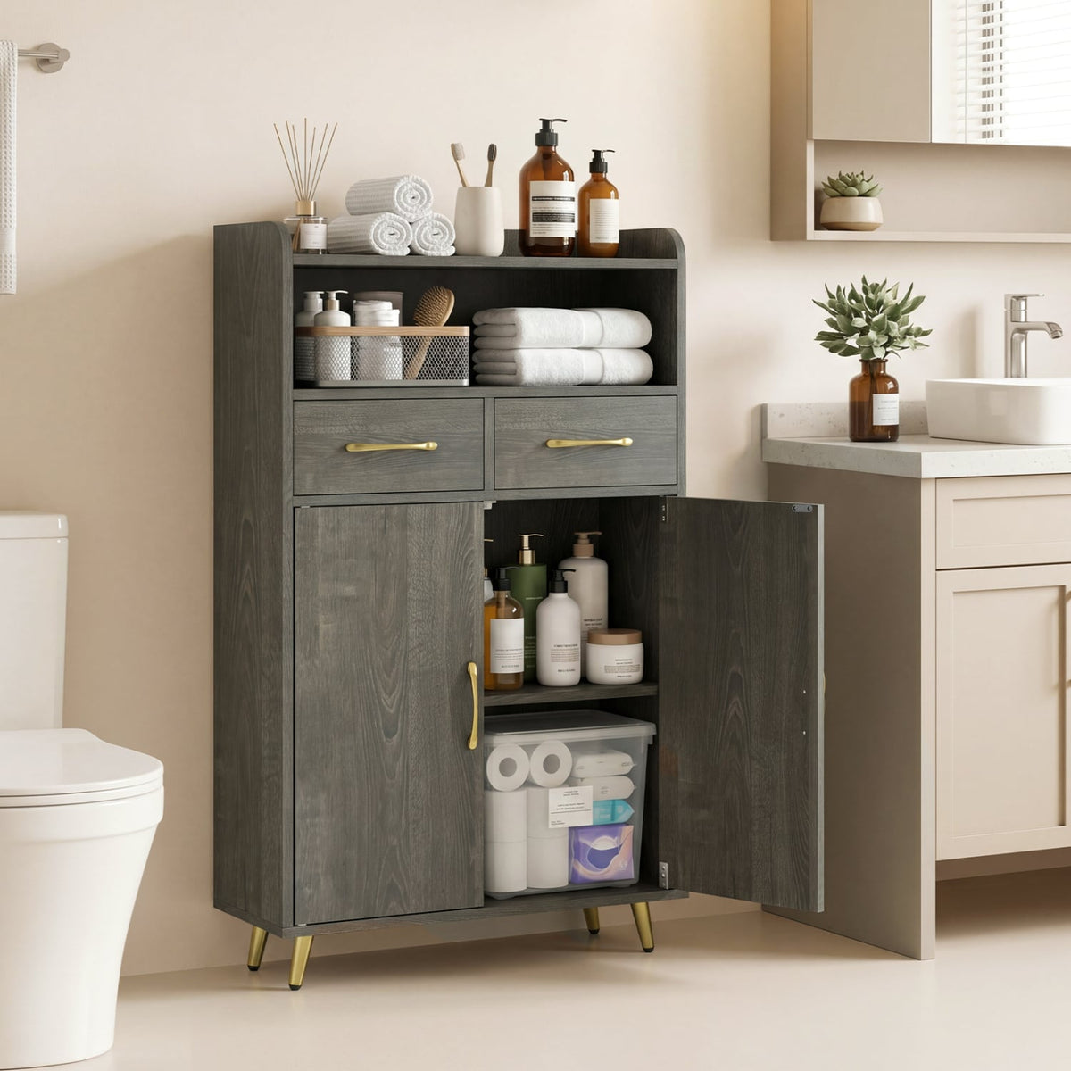 Bathroom Storage Cabinet Freestanding Floor Cabinet with 2 Drawers and 2 Doors-Gray Oak view 2