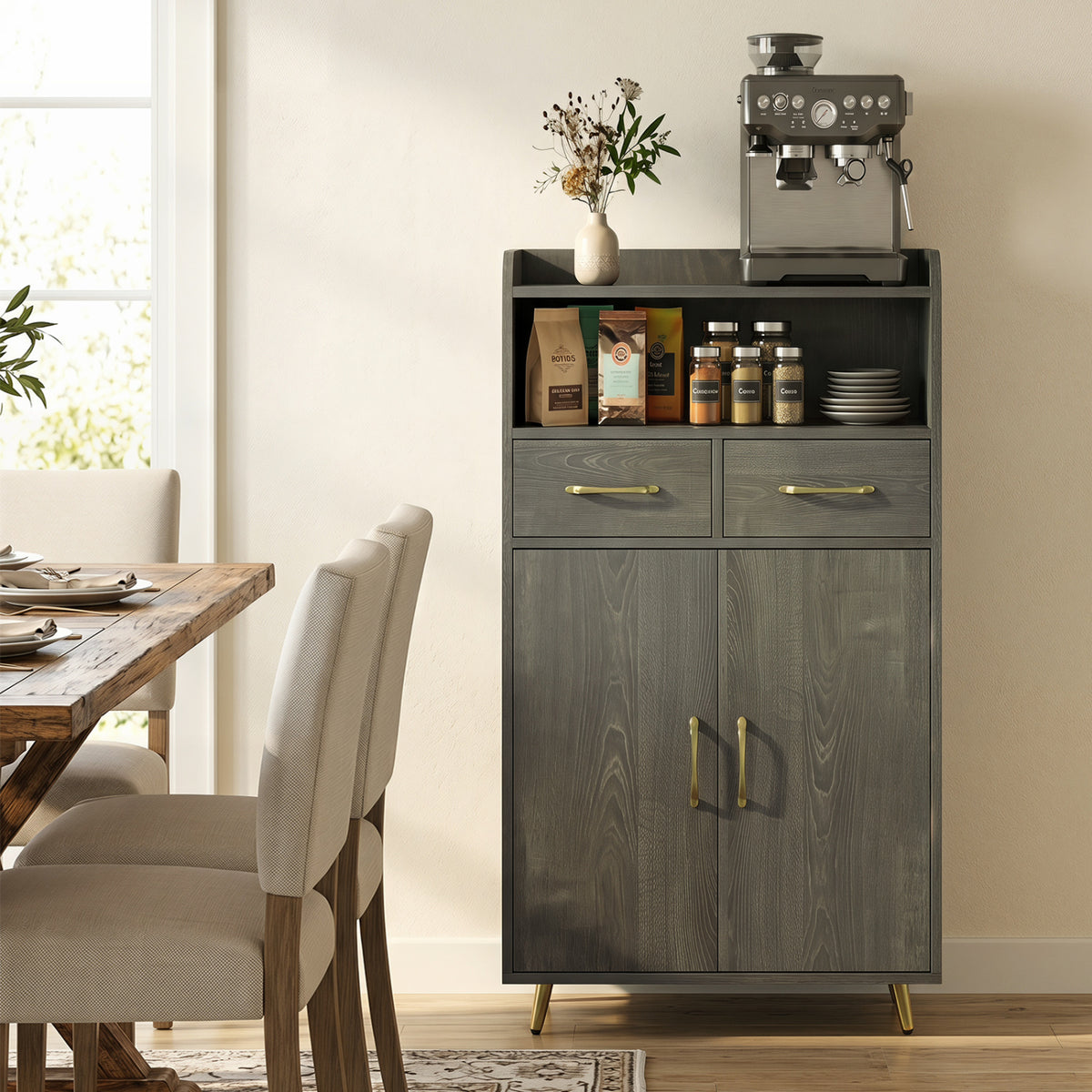 Bathroom Storage Cabinet Freestanding Floor Cabinet with 2 Drawers and 2 Doors-Gray Oak view 3