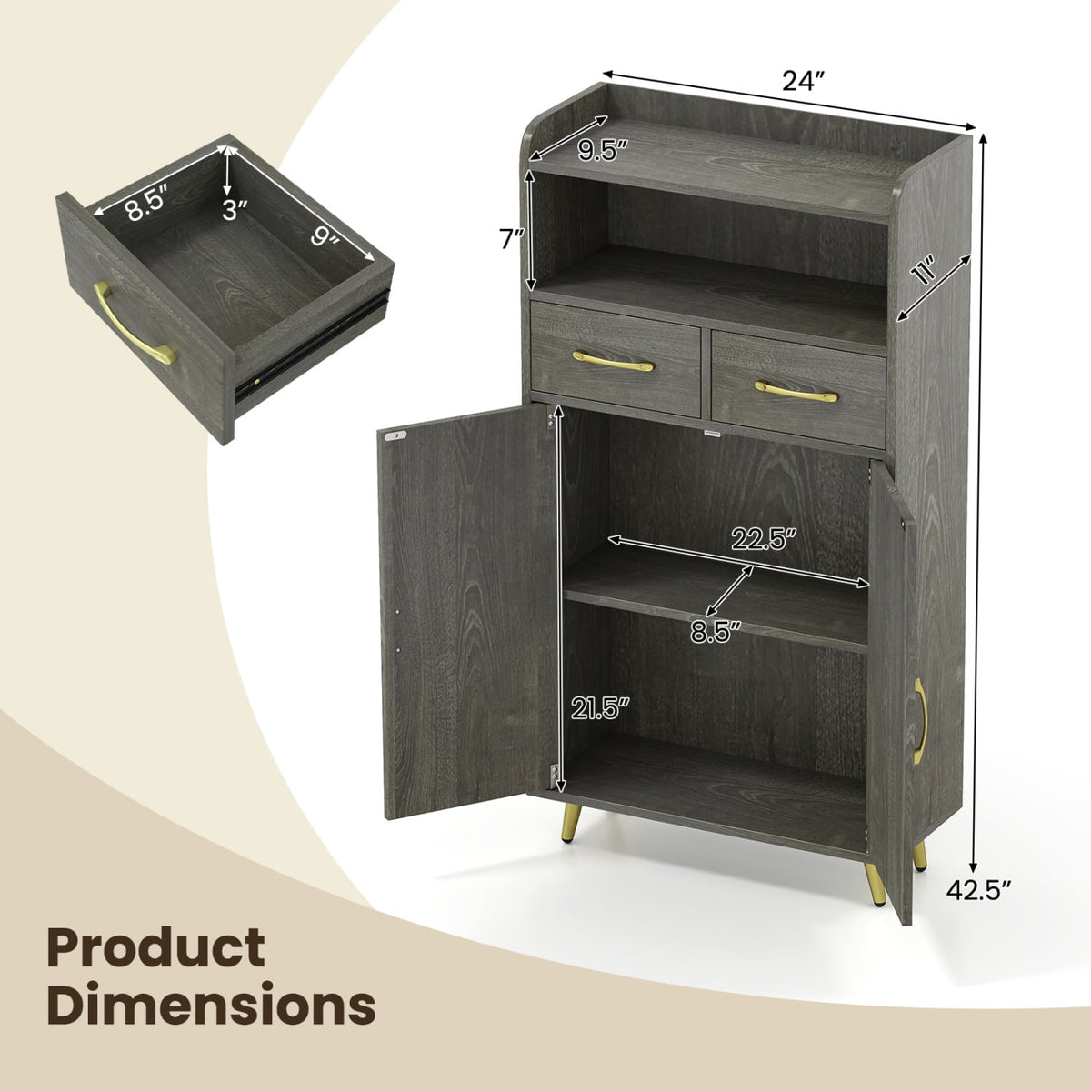 Bathroom Storage Cabinet Freestanding Floor Cabinet with 2 Drawers and 2 Doors-Gray Oak view 5