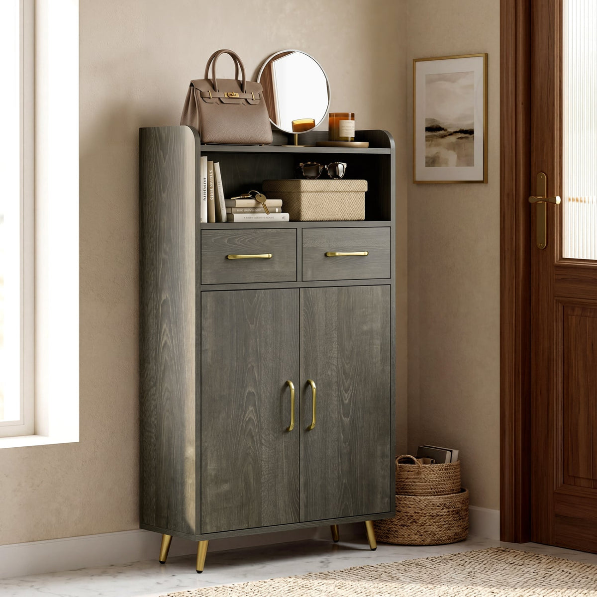 Bathroom Storage Cabinet Freestanding Floor Cabinet with 2 Drawers and 2 Doors-Gray Oak view 6