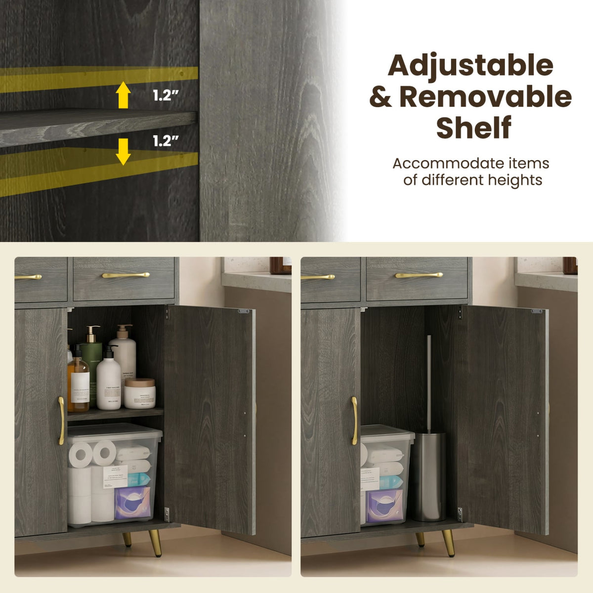 Bathroom Storage Cabinet Freestanding Floor Cabinet with 2 Drawers and 2 Doors-Gray Oak view 9