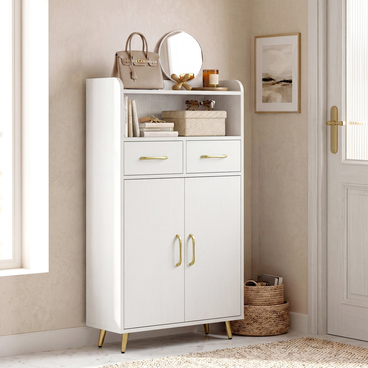 Bathroom Storage Cabinet Freestanding Floor Cabinet with 2 Drawers and 2 Doors-White view 6