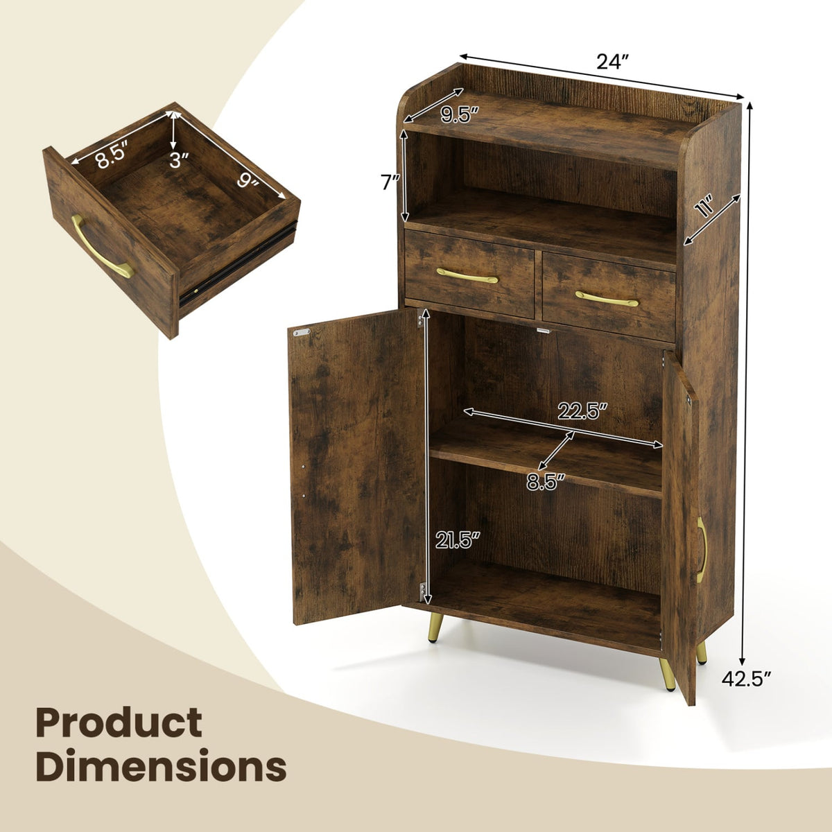 Bathroom Storage Cabinet Freestanding Floor Cabinet with 2 Drawers and 2 Doors-Rustic Brown view 5