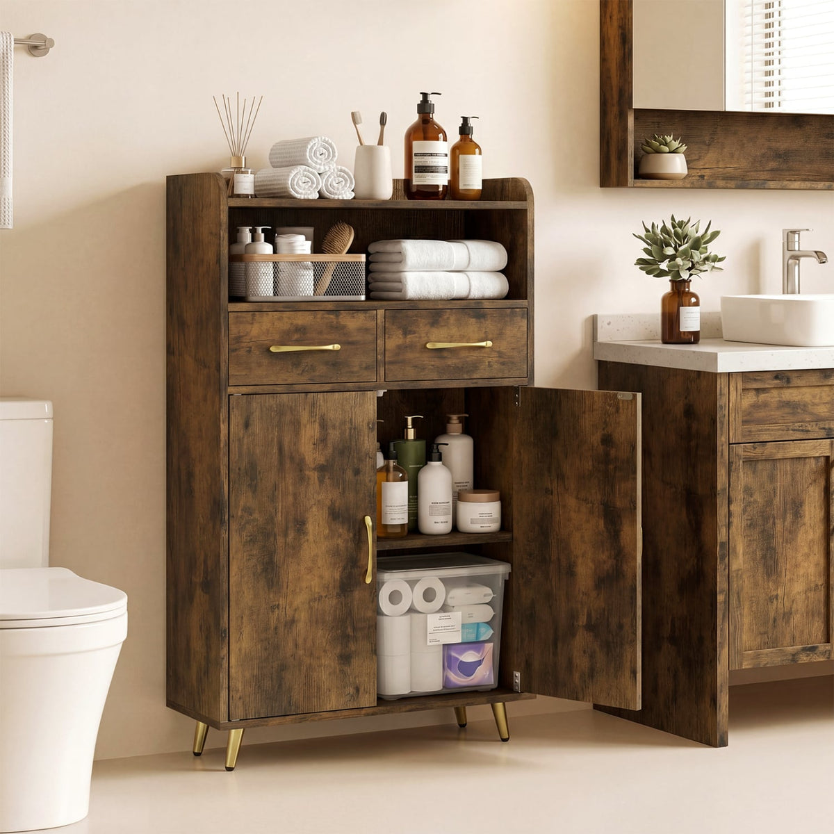 Bathroom Storage Cabinet Freestanding Floor Cabinet with 2 Drawers and 2 Doors-Rustic Brown view 2