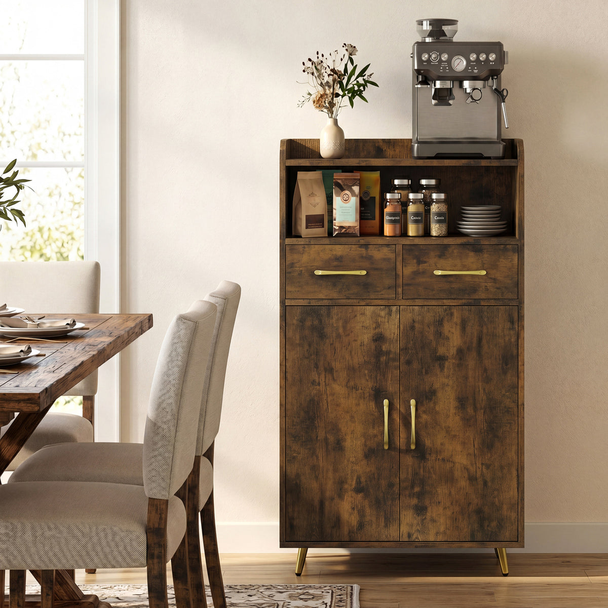 Bathroom Storage Cabinet Freestanding Floor Cabinet with 2 Drawers and 2 Doors-Rustic Brown view 3