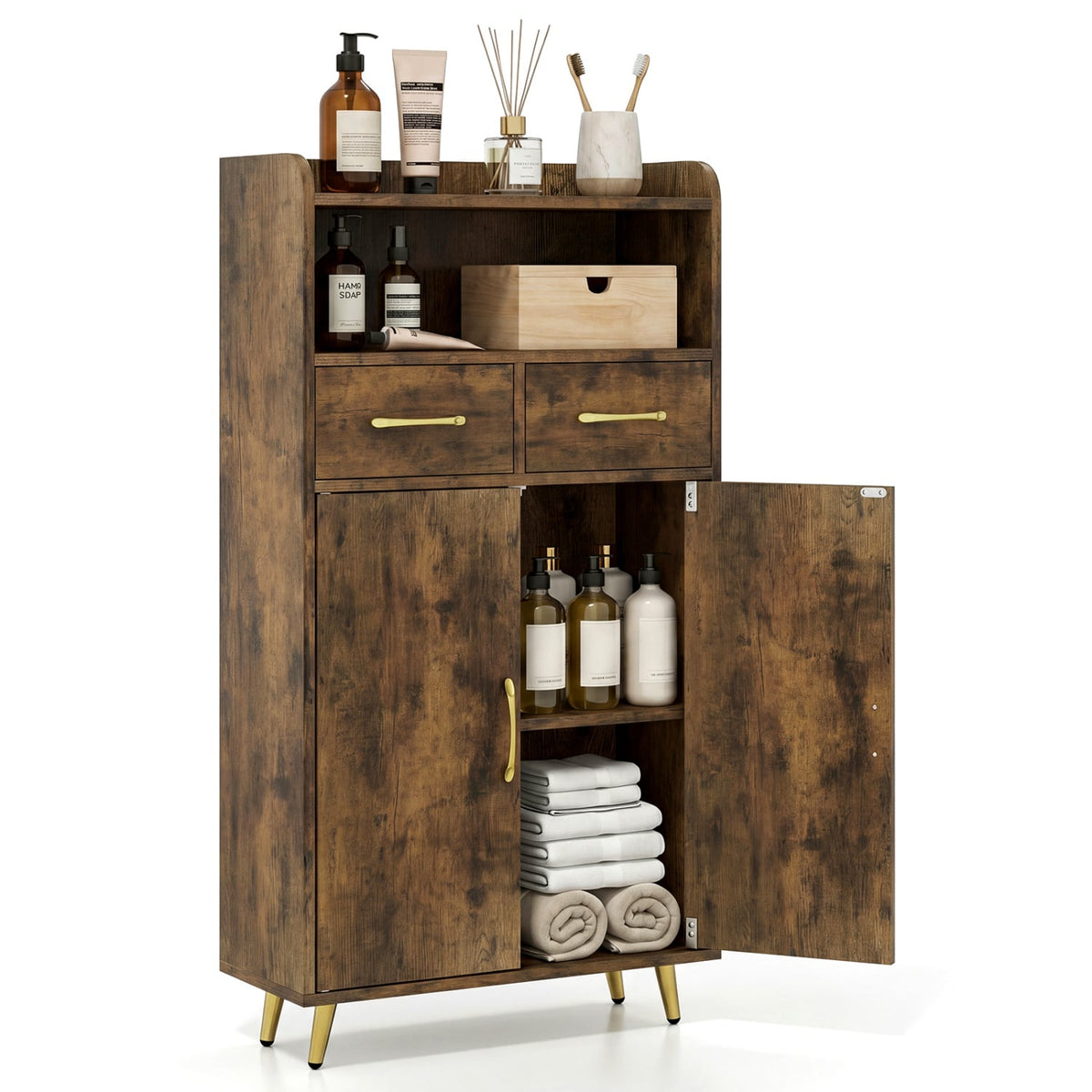 Bathroom Storage Cabinet Freestanding Floor Cabinet with 2 Drawers and 2 Doors-Rustic Brown view 4