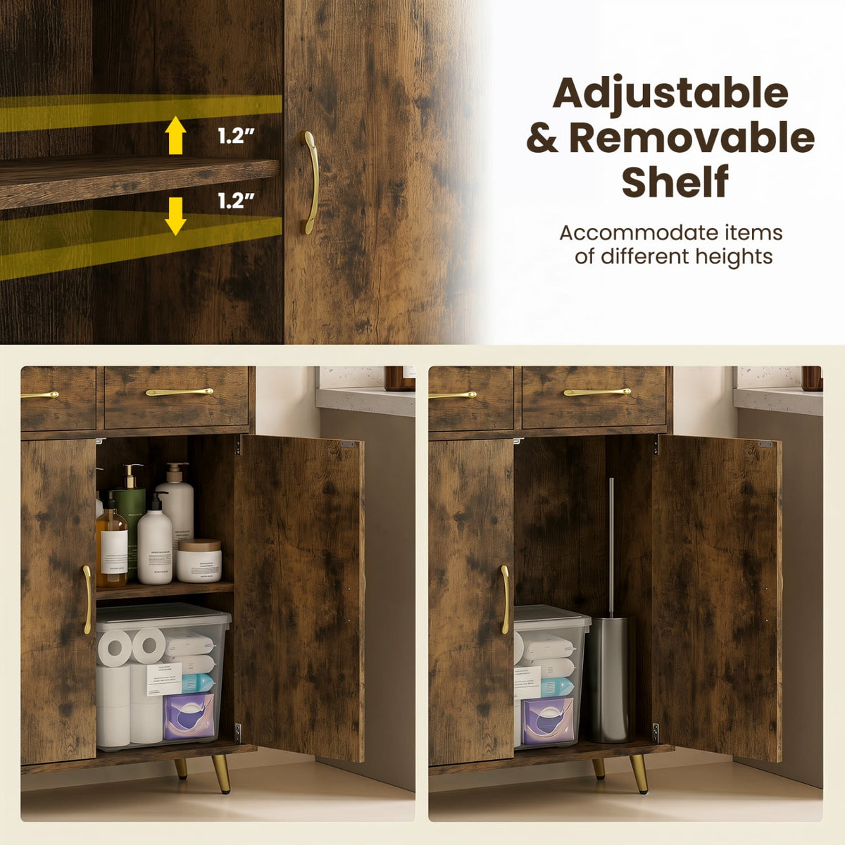 Bathroom Storage Cabinet Freestanding Floor Cabinet with 2 Drawers and 2 Doors-Rustic Brown view 9