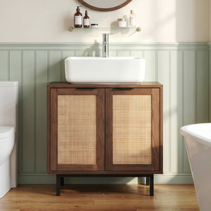 Bathroom Vanity Cabinet with U-Shaped Cut-Out 2 Rattan Doors and Shelf-Brown view 2