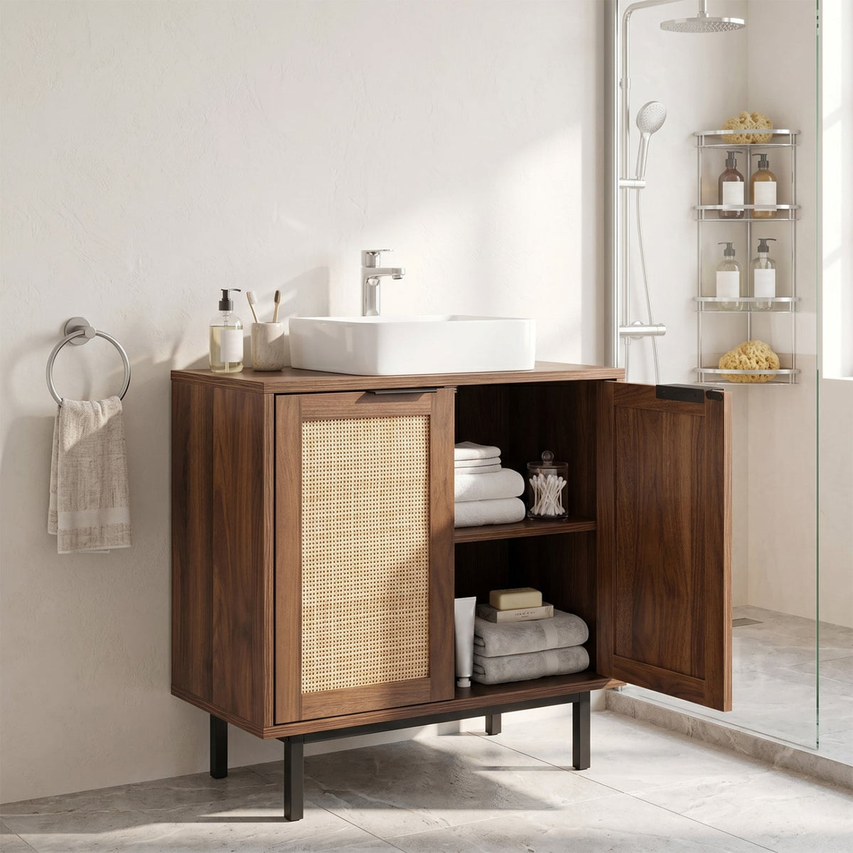 Bathroom Vanity Cabinet with U-Shaped Cut-Out 2 Rattan Doors and Shelf-Brown view 3